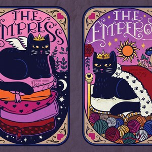 La carte de tarot empereur, impératrice, cartes de tarot PNG, cartes de tarot drôles, chat noir, chat mignon PNG, SVG floral, cartes de tarot imprimables
