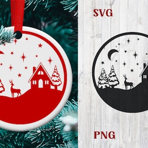 Escena de pueblo navideño, reno SVG PNG, escena navideña redonda SVG PNG, pueblo navideño SVG, pueblo navideño SVG, escena invernal SVG