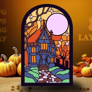 Vidrieras de Halloween, SVG de Halloween en capas, panel de vidrieras, svg en capas, plantilla SVG de Halloween, SVG de casa embrujada, svg de otoño