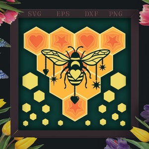 Bee Shadow Box SVG, Bee Papercut SVG, Multi layered Bee SVG, 3D Bee Papercut Template, Bee Light Box svg, Layered Summer svg, Honeycomb svg