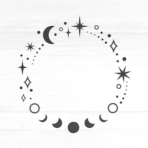 Sterren en maanstanden frame SVG, sterrencluster PNG, mystieke boho frame SVG, Sparkle Celestial clipart, Witchy Cricut Cut-bestand