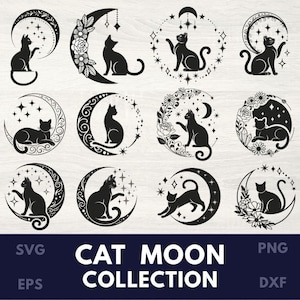 Moon Cats SVG-collectie, maanstanden en bloemen, zwarte kat silhouet clipart, Witchy Celestial bundel, kristallen en sterren