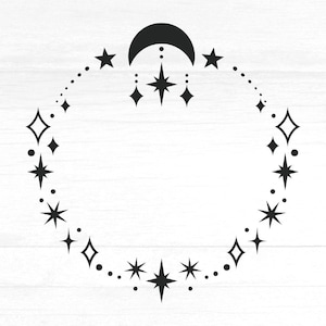 Decoratief hemelframe SVG met wassende maan en sterren, sterrencluster PNG, mystieke boho-clipart, Witchy Cricut Cut-bestand