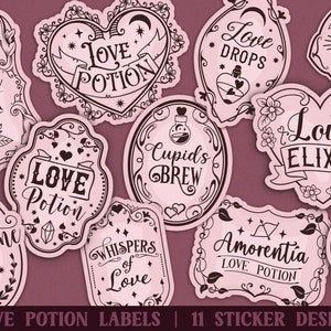 Puede incluir: Once diseños de pegatinas con diferentes etiquetas de poción de amor con ilustraciones y texto caprichosos. Las etiquetas están en un esquema de color rosa y negro con bordes adornados y corazones.