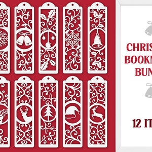 Signets de Noël découpés au laser, lot de signets de Noël SVG, signets de Noël avec des rennes, des arbres, des chapeaux de père Noël, des cannes de bonbon et des cloches