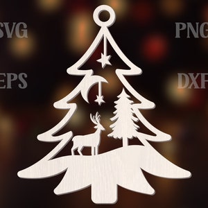 Laser geschnittene Weihnachtsverzierung, Weihnachtsbaumdekoration SVG, Weihnachtslaserschnittszene SVG, Rentier SVG, Weihnachtsszene, Mond SVG, Kiefer