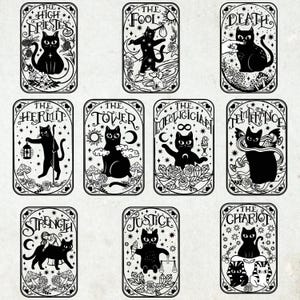 Puede incluir: Un conjunto de diez cartas de tarot rectangulares con ilustraciones de gatos negros. Cada carta muestra una escena única con un gato y texto, incluyendo The High Priestess, The Fool, Death, The Hermit, The Tower, The Meowgician, Temperance, Strength, Justice y The Chariot.