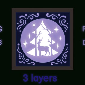Christmas Shadow Box SVG, 3D Layered Reindeer in Forest, Winter Papercut, Christmas Tree Cut Files, Cricut & Glowforge Holiday Decoration