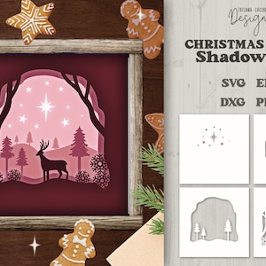 Christmas Shadow Box SVG, 3D Layered Reindeer, Forest Papercut, Christmas Trees Cut Files, Cricut & Glowforge Holiday Decoration Ornament