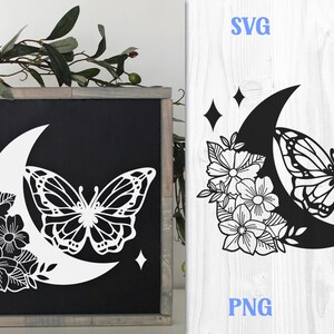 Butterfly Floral Moon SVG, Crescent Moon SVG, Butterfly SVG, Moon with Flowers svg, Floral Moon png, Floral Moon Monogram svg, Witchy Floral