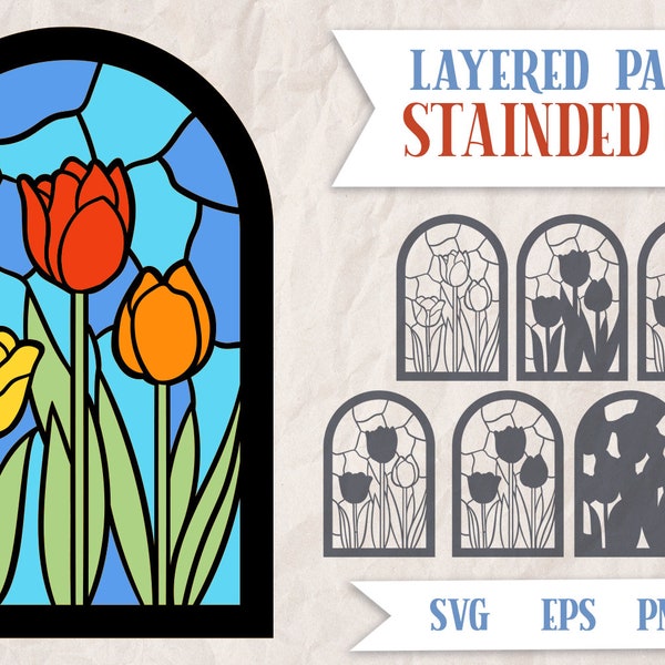 Tulip Layered Papercut SVG, Tulip stained Glass Papercut Template, Layered Floral SVG, Papercut Stained Glass svg, Stained Glass SVG