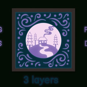 Christmas Shadow Box SVG, 3D Layered Winter Cottage, Holiday Papercut, Christmas Trees Cut Files, Cricut & Glowforge Holiday Decorations