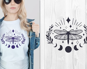 Celestial Dragonfly SVG, Witchy Moon Phases, Floral Stars (Digital Download)