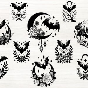 Bats SVG Bundle, Celestial Floral SVG Collection, Crescent Moon with Rose, Halloween Bat Round Sign, Bat Laser Cut SVG