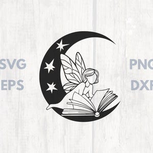 Fairy with Crescent Moon and Book SVG, Fairy Tale PNG, Mystical Celestial Border SVG, Boho Witchy Clipart, Cricut File