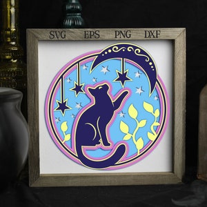 Chat ombre boîte SVG, SVG 3D chat et lune, caisson lumineux chat, céleste papier découpé SVG, lune Shadow Box, modèle 3D papier découpé, chat svg, svg lune