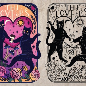 La carte de tarot des amoureux, cartes de tarot SVG, cartes de tarot drôles, chat noir, chat mignon Svg, café SVG, SVG floral, amour Svg, carte de tarot 2 versions