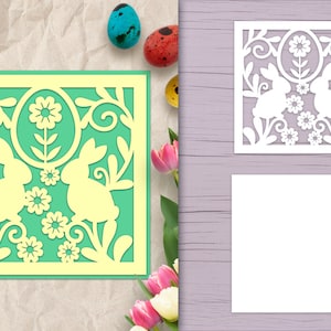 Osterhasen Papercut Karte SVG, geschichtete Karte mit Ei und Hasen, Laser Cut Ostern SVG, Papercut Osterkarte SVG, Papercut Bunny svg