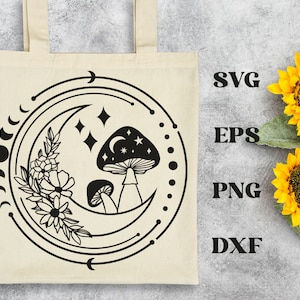 Night Mushrooms and Moon SVG, Celestial SVG, Crescent Moon SVG, Witchy svg, Crystal svg, Moon Phases, Floral Bouquet, Floral Moon svg