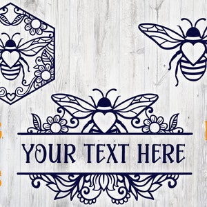 Puede incluir: Un diseño digital que presenta una abeja con un cuerpo en forma de corazón y acentos florales. El diseño incluye el texto "YOUR TEXT HERE" y está disponible en los formatos SVG, EPS, PNG y DXF.
