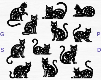 Könnte beinhalten: Schwarze Katzen-Silhouetten mit Himmelsdesigns, darunter Sterne und Halbmonde. Das Bild zeigt verschiedene Katzenposen mit dem Text "SVG", "EPS", "PNG" und "DXF" in Lila.