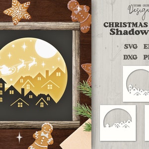 Christmas Scene Shadow Box, Winter Town Landscape Scene, Winter Scene Shadow Box, Reindeer Sleigh Christmas SVG, Santa Layered SVG