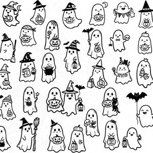 May include: A collection of black and white line art illustrations featuring various ghosts in different poses. The ghosts are depicted with accessories including pumpkins, witch hats, brooms, lanterns, bats, and spell books, creating a set of Halloween-themed graphic icons.