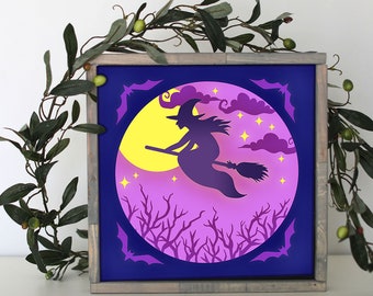 Witch Moon Halloween Shadow Box SVG: 3D Papercut Scene (Digital Download)
