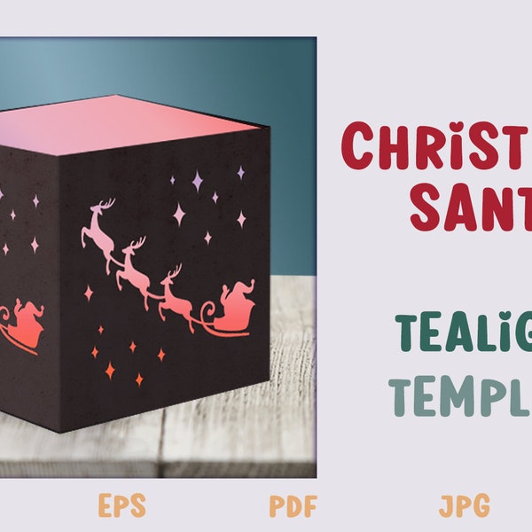 Christmas Santa Tealight Box, Christmas Light Box, Christmas Tealight, Reindeer SVG, Papercut Christmas SVG, 3D Sleigh Template