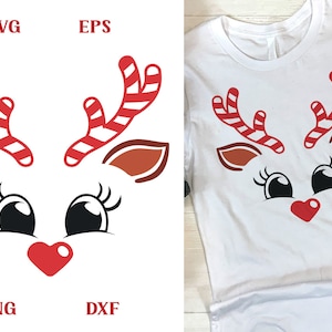 Rendiergezicht SVG, rendier met zuurstokken, rendier met hartneus SVG, hart rendiergezicht, candy cane rendier svg, lachend rendier