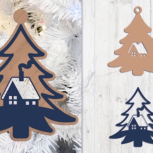 Laser Cut Cottage Ornament, Christmas Tree Ornament SVG, Christmas Laser Cut Scene SVG, Layered Christmas Scene svg png, 3D Christmas Scene