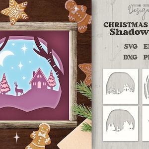Christmas Shadow Box SVG, 3D Layered Reindeer, Winter Cottage Papercut, Christmas Tree Cut Files, Moon Cricut & Glowforge Holiday Decoration
