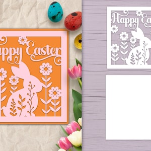 Joyeuses Pâques Papercut Card SVG, Layered 3D Card avec Floral Bunny, Laser Cut Easter SVG, Papercut Easter Bunny Card SVG, Papercut Template