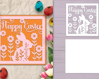 Happy Easter Papercut Card SVG, Layered 3D Card with Floral Bunny, Laser Cut Easter SVG, Papercut Easter Bunny Card SVG, Papercut Template