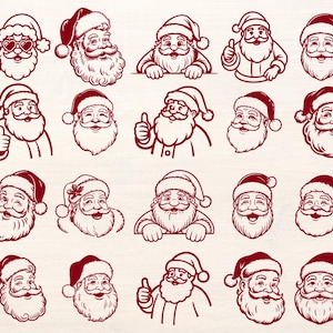 May include: A collection of Santa Claus illustrations in a line art style. Each Santa is depicted with a white beard and a red hat. Some Santas are giving a thumbs up or a peace sign. The image includes the text "SVG", "PNG", "EPS", and "DXF".