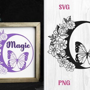 Butterfly Floral Moon SVG, Crescent Moon SVG, Butterfly SVG, Moon with Flowers svg, Floral Moon png, Floral Moon Monogram svg, Witchy Floral