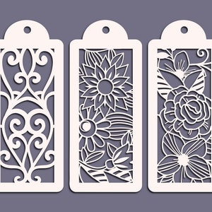 Flower Paper Cut Bookmark Templates, 3 Floral Laser Cut Bookmarks Ready to Cut, Rose and Wild Flowers Bookmark Svg Eps Png Dxf