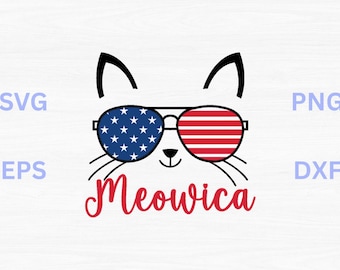 Puede incluir: Gráfico de una cara de gato con gafas de sol con el diseño de la bandera estadounidense. La palabra "Meowica" está escrita en rojo debajo de la cara del gato. Las orejas y los bigotes negros del gato completan el diseño.