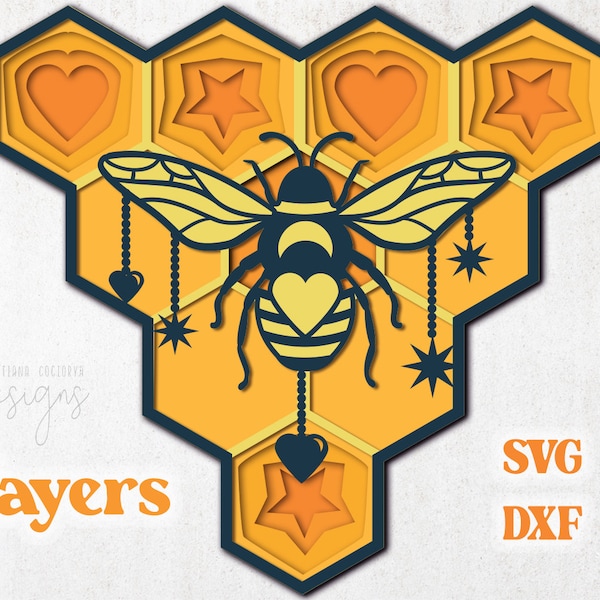 Bee Shadow Box SVG | 3D Bee SVG | Bee Light Box Template | Shadow Box SVG template | Layered Silhouette Files | Bee Layered svg
