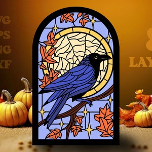 Vetro colorato Halloween, Halloween SVG a strati, Pannello in vetro colorato, SVG a strati, Modello SVG di Halloween, Laser SVG di Halloween, Uccello in formato SVG