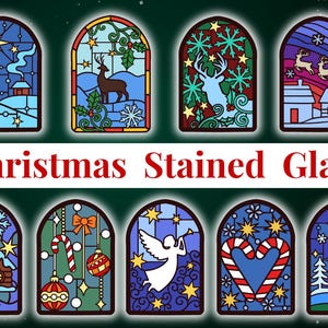 May include: Eight stained glass designs with Christmas themes. Each design depicts a winter scene, such as a star, deer, snowflakes, and a house. The text "Christmas Stained Glass" is displayed in red.