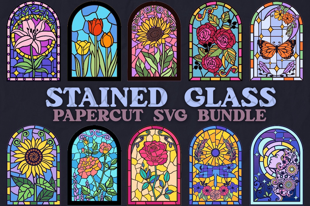 Stained Glass SVG Bundle, Papercut Stained Glass, Layered Floral SVG