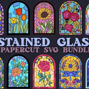 Paquete SVG de vidrieras, vidrieras de corte de papel, SVG floral en capas, SVG de corte de papel floral, svg celestial, luna, cristales, rosas, girasoles
