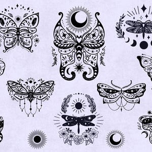 Hemelse vlinders SVG-bundel, vallende ster, vlinder png, wassende maan PNG, mystieke zon en maan Cricut, heksenbloemmotief