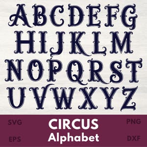 Circusalfabet SVG, carnaval alfabet lettertype png, elegante fishtail letters clipart, vintage circusstijl afdrukbare letters