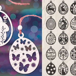 Paquete SVG de adornos cortados con láser de Pascua, huevo de Pascua con flores y conejitos, mariposa cortada con láser, archivos cortados con láser de Pascua, adornos SVG