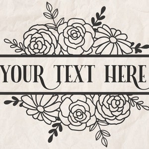 以下が含まれることがあります： 「YOUR TEXT HERE」と書かれたバナーが付いた、黒と白の線画の花柄デザインです。