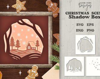 Christmas Night Shadow Box: 3D Papercut Cottage Scene (SVG, Laser Cut)