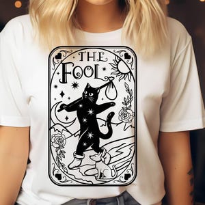 The Fool Cat Tarot Card SVG, Black Cat, Mystical Tarot Design, Celestial Witchcraft SVG, Flowers Hearts Stars SVG, Cute Whimsical Tarot Card