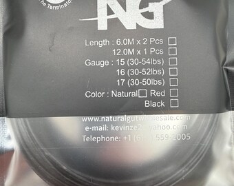 May include: A black plastic pouch containing tennis string, labeled with the V5 The Terminator logo and NG text. The packaging lists specifications including lengths of 6.0M and 12.0M, gauges 15, 16, and 17 with tension ranges in lbs, and color options.